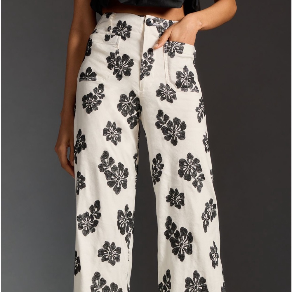 Maeve White Wide-Leg Floral Print Pants with Black Flowers - Picture 6 of 15